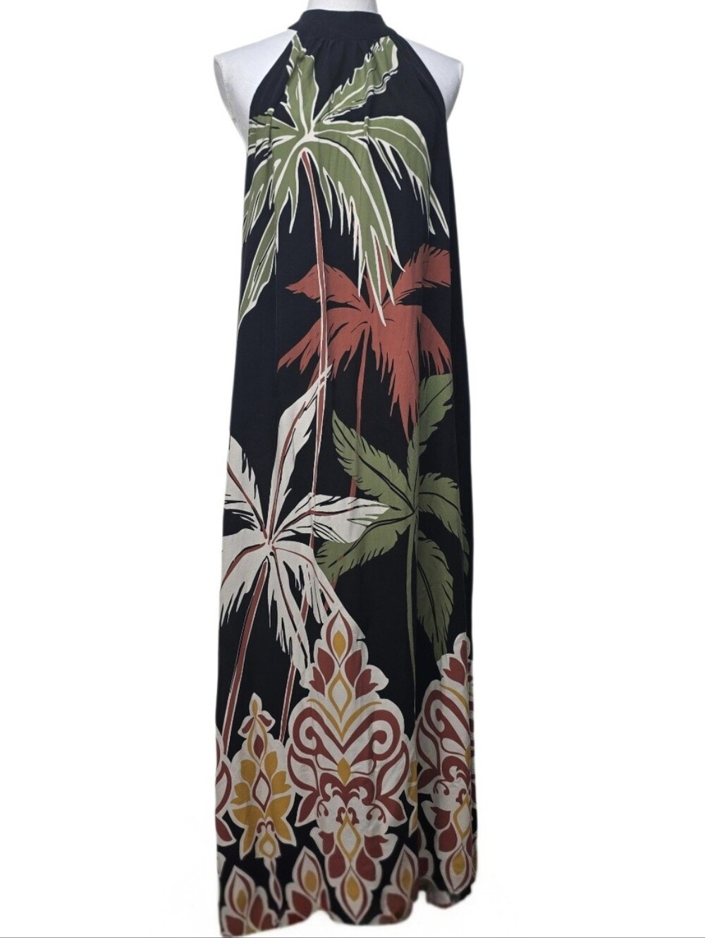 MSK Black Halter Maxi Dress with Tropical Palm Print
